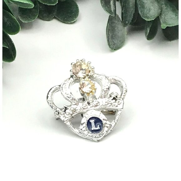 Vintage Crown Brooch With Rhinestones & Blue Enamel Initial "L" Lions Club - Picture 1 of 4
